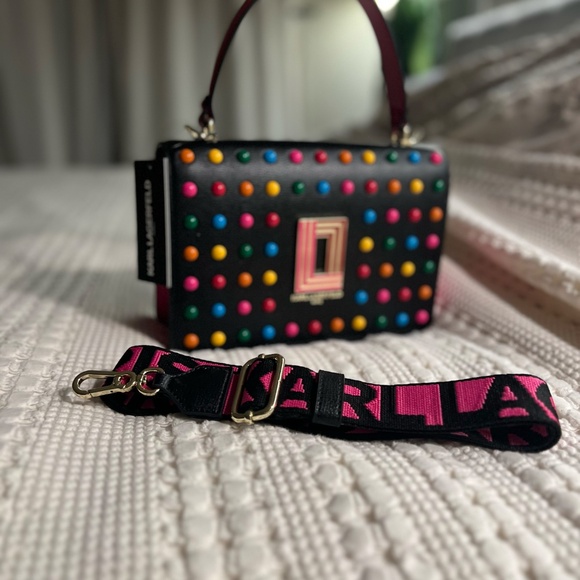 NWT KARL LAGERFELD Black Candy Dot Studded Leather Simoné Flat Crossbody Bag - Picture 4 of 9